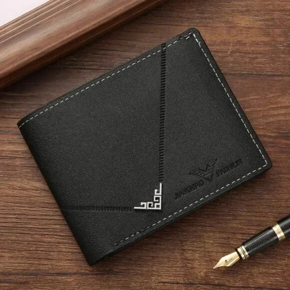 NEW Black Men's Short Lightweight Billfold Wallet With Card Slots Vegan Leather - Picture 1 of 4